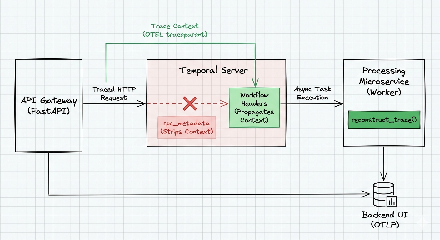 Architecture diagram: a traced HTTP request leaves the FastAPI API gateway for the Temporal server, where rpc_metadata strips the context (marked with a red cross) while workflow headers successfully propagate the OTEL traceparent onward to the processing microservice worker, which calls reconstruct_trace(); both the gateway and the worker export to a backend UI over OTLP.
